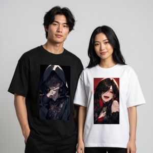 Anime couple t-shirt with a cute cartoon design, available in multiple colors and sizes