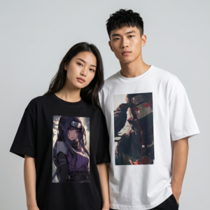 A young Asian couple modeling Naruto themed couple t-shirts; the woman wears a black t-shirt with Hinata Hyuga, and the man wears a white t-shirt with Itachi Uchiha, both with vivid anime prints.