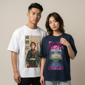 Couple wearing matching Demon Slayer anime themed t-shirts, a man and a woman posing together.