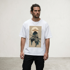 Man wearing a white t-shirt featuring a minimalist, line-art graphic of a samurai mask and straw hat, symbolizing silent power.