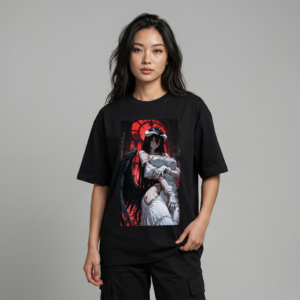 Model wearing a black t-shirt featuring a striking horror girl anime graphic with dark fantasy themes.