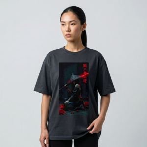Dark grey t-shirt featuring a female anime warrior with a katana and a traditional hat, surrounded by red roses, worn by a woman.
