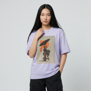 Young Asian woman modeling an oversized lavender samurai t-shirt featuring a stylized graphic of a female warrior with a parasol.